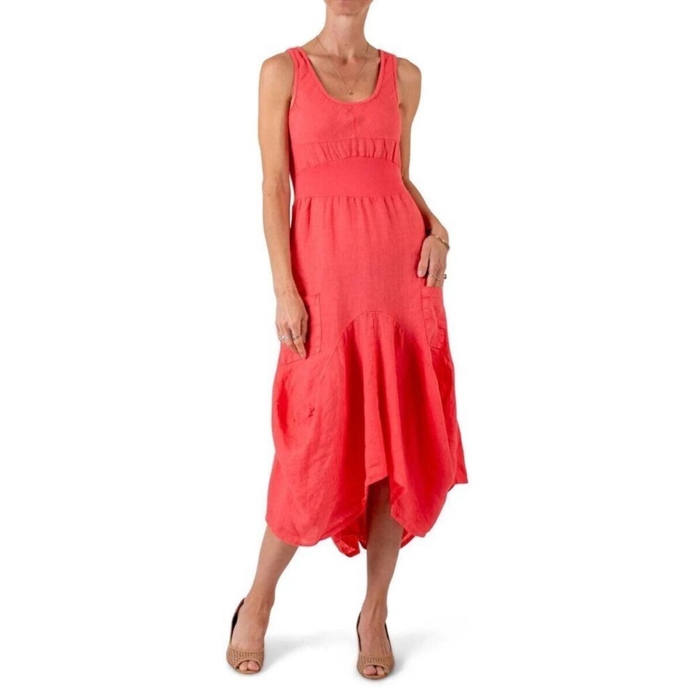 Gigi Moda Linen Rosalia Lagenlook Orange Midi Dress Pockets Sleeveless XS / S